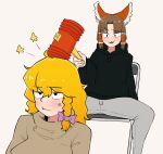  2girls :3 alternate_costume alternate_eye_color anger_vein annoyed bad_id bad_twitter_id bags_under_eyes bangs benikurage_(cookie) black_eyes black_hoodie blonde_hair bow braid breasts brown_hair brown_sweater chair closed_mouth commentary cookie_(touhou) eyebrows_visible_through_hair fang feet_out_of_frame folding_chair frilled_bow frilled_hair_tubes frills grey_pants hair_bow hair_tubes hakurei_reimu hammer holding holding_hammer hood hoodie kirisame_marisa large_breasts long_hair looking_at_another mars_(cookie) multiple_girls ohasi open_mouth pants parted_bangs purple_bow red_bow shoes short_hair side_braid single_braid sitting smile spread_legs star_(symbol) sweater touhou toy_hammer turtleneck turtleneck_sweater upper_body 