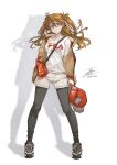 1girl bag brown_hair fadingz full_body hair_ornament handbag highres jacket long_hair neon_genesis_evangelion open_clothes open_jacket pants_under_shorts shirt shoes shorts simple_background sneakers solo souryuu_asuka_langley white_background white_shirt white_shorts 
