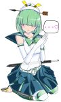  ... 1girl arrow_through_heart blue_sailor_collar blue_skirt blush bow bowtie covered_eyes elbow_gloves facing_viewer gloves green_bow green_bowtie green_hair hair_over_eyes hat heart highres kneeling medium_hair miitoban onegai!_ranking onegai_green own_hands_together parted_lips pleated_skirt sailor_collar school_uniform serafuku shirt simple_background skirt smile solo spoken_ellipsis spoken_heart white_background white_gloves white_headwear white_shirt 