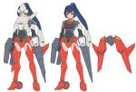  1girl 30_minutes_sisters bangs blue_hair boots breasts brown_eyes covered_navel doll_joints drill frown getter-2 getter_robo getter_robo_(1st_series) highres holding joints mecha_musume metal_boots parody personification ponytail red_footwear small_breasts standing style_parody tanimeso thigh_boots thighhighs v-shaped_eyebrows wheel white_background 