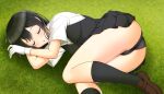  1girl asaga_aoi ass black_hair black_legwear black_panties black_skirt black_vest blush brown_footwear closed_eyes commentary_request dress_shirt eyebrows_visible_through_hair gloves grass kantai_collection kneehighs long_hair lying on_grass on_side open_mouth oyashio_(kancolle) panties pleated_skirt shadow shirt shoes short_sleeves skirt sleeping solo underwear vest white_gloves white_shirt 