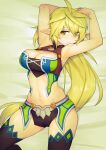  1girl absurdres armpits arms_up bare_shoulders berg-yb breasts cleavage elf elsword green_eyes green_hair highres large_breasts long_hair midriff navel pointy_ears rena_erindel sleeveless solo thighhighs very_long_hair 