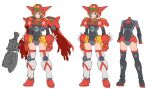  1girl 30_minutes_sisters axe boots breasts brown_hair cape covered_navel getter-1 getter_robo getter_robo_(1st_series) gloves green_eyes helmet highres mecha_musume metal_boots open_hands parody personification red_cape red_gloves small_breasts spikes style_parody tanimeso thigh_boots thighhighs white_background 
