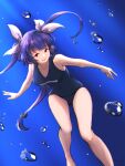  1girl :d ahoge air_bubble bare_arms bare_legs bare_shoulders barefoot black_swimsuit bow breasts bubble covered_navel feet_out_of_frame hair_bow highres i-19_(kancolle) kantai_collection large_breasts long_hair looking_at_viewer name_tag one-piece_swimsuit open_mouth ponytail purple_hair red_eyes school_swimsuit smile solo swimsuit tri_tails twintails umibudou underwater very_long_hair 