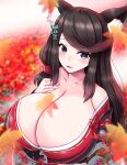  1girl animal_ear_fluff autumn_leaves azur_lane bare_shoulders black_kimono breasts brown_hair cleavage eyebrows_visible_through_hair from_above fusou_(azur_lane) highres huge_breasts japanese_clothes kimono leaf long_hair looking_at_viewer maple_leaf off-shoulder_kimono print_kimono purple_eyes ruuru_(fruule) solo upper_body wide_sleeves 