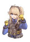  1girl armor arms_up bangs blonde_hair blue_eyes cheogtanbyeong commentary explosive eyebrows_visible_through_hair girls&#039;_frontline girls&#039;_frontline_2:_exilium gloves grenade hair_between_eyes headphones headset highres long_hair long_sleeves looking_at_viewer military military_uniform one_eye_closed open_mouth sidelocks smile solo tactical_clothes teeth uniform upper_body upper_teeth vepley_(girls&#039;_frontline_2) walkie-talkie white_background yellow_gloves 