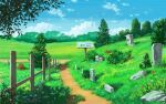  blue_sky bush chinese_commentary cloud commentary_request fence flower forest landscape nature no_humans original path plant scenery sign sky statue tree xingzhi_lv 