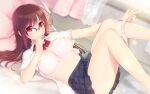  1girl ahoge arima_senne barefoot bed bedroom bra breasts brown_hair glasses highres kashiwamochi_yomogi large_breasts lingerie long_hair lying midriff on_bed open_clothes open_shirt original panties panty_pull red_eyes ribbon school_uniform shirt skirt smile solo thighs underwear 