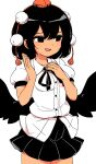  1girl bangs bird_wings black_eyes black_hair black_ribbon black_skirt black_wings buttons collared_shirt commentary cowboy_shot facing_viewer fingernails hair_between_eyes hand_on_own_chest hands_up hat highres looking_to_the_side maguro_(mawaru_sushi) medium_hair miniskirt neck_ribbon open_mouth pleated_skirt pom_pom_(clothes) puffy_sleeves red_headwear ribbon shameimaru_aya shirt short_sleeves simple_background skirt smile solo standing sweat tokin_hat touhou white_background white_shirt wings 