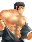  1boy abs alternate_facial_hair bara bare_pectorals bare_shoulders beard blush chest_hair cross_scar embarrassed facial_hair grey_kimono hairy houzouin_oniwaka japanese_clothes kimono large_pectorals long_sideburns male_focus mature_male muscular muscular_male navel navel_hair no_nipples open_clothes open_kimono pectorals scar scar_on_face scar_on_forehead short_hair sideburns solo stomach stubble sunfight0201 thick_eyebrows tokyo_afterschool_summoners undressing upper_body white_background 