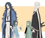  1boy 3girls aqua_hair black_hair blue_hair blue_robe child chinese_clothes copyright_request hanfu height_difference highres holding_hands lanxi_zhen laojun_(the_legend_of_luoxiaohei) li_qingning_(the_legend_of_luoxiaohei) liangxiaomu930 long_hair long_sleeves mask multiple_girls sword the_legend_of_luo_xiaohei weapon white_hair wide_sleeves 