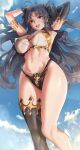  1girl absurdres ahoge armpits asymmetrical_legwear black_gloves black_hair black_panties blush breasts cleavage_cutout clothing_cutout earrings elbow_gloves fate/grand_order fate_(series) from_below gloves highres hoop_earrings ishtar_(fate) ishtar_(swimsuit_rider)_(fate) jewelry large_breasts long_hair looking_at_viewer navel open_mouth panties po_ppe red_eyes single_glove single_thighhigh solo thighhighs toned twintails underwear 