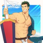  1boy abs alternate_costume bara bare_pectorals beach biceps bulge character_request copyright_request cowboy_shot cross-laced_clothes cross-laced_slit cross-laced_swimsuit dark-skinned_male dark_skin green_hair grin highres holding holding_umbrella japanese_clothes jewelry kimono large_pectorals long_sideburns male_focus male_pubic_hair mature_male multicolored_hair muscular muscular_male navel necklace nipples original pectorals penis penis_peek pubic_hair red_hair scar scar_on_cheek scar_on_face short_hair short_kimono sideburns single_bare_shoulder smile solo stomach streaked_hair umbrella undressing white_male_swimwear zifu 