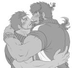  2boys arm_around_shoulder bara beard blush couple eye_contact facial_hair fins fire fish_boy from_side greyscale hand_on_another&#039;s_back imminent_kiss jacket jinn_(housamo) looking_at_another male_focus mature_male monochrome multiple_boys muscular muscular_male short_hair sideburns sleeves_rolled_up stubble sunfight0201 tokyo_afterschool_summoners track_jacket triton_(housamo) unibrow upper_body yaoi 