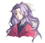  1girl ear_piercing earrings hair_over_one_eye hair_ribbon highres japanese_clothes jewelry kimono komakusa_sannyo long_hair looking_at_viewer piercing ponytail purple_hair red_eyes ribbon simple_background solo tokinhr touhou upper_body white_background yellow_ribbon 