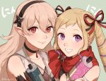  2girls alternate_costume bangs blonde_hair blush bodysuit bow breasts corrin_(fire_emblem) corrin_(fire_emblem)_(female) elise_(fire_emblem) fire_emblem fire_emblem_fates fire_emblem_heroes hair_between_eyes hair_bow hair_ornament hairband highres japanese_clothes long_hair looking_at_viewer manakete multiple_girls ninja official_alternate_costume peach11_01 pointy_ears purple_eyes red_eyes scarf silver_hair simple_background smile twintails white_hair 