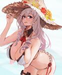  1girl algerie_(azur_lane) algerie_(white_sand_paradise)_(azur_lane) azur_lane breasts cleavage commentary_request detached_collar drill_hair drill_locks flower hair_between_eyes hat hat_flower highres large_breasts long_hair looking_at_viewer marshall_k mole mole_under_eye official_alternate_costume open_mouth purple_eyes silver_hair smile solo straw_hat sun_hat twin_drills two-tone_bikini 
