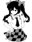  1girl bangs black_hair bow buttons cellphone checkered checkered_skirt commentary cowboy_shot facing_viewer flip_phone frilled_shirt_collar frills greyscale hair_bow hand_on_hip hand_up hat highres himekaidou_hatate holding holding_phone long_hair looking_to_the_side maguro_(mawaru_sushi) monochrome necktie phone puffy_short_sleeves puffy_sleeves shirt short_sleeves simple_background skirt sleeve_bow solo tokin_hat touhou twintails 