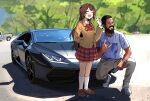  1boy 1girl \n/ ^_^ ^o^ arm_behind_back beard blurry blush bow bowtie car closed_eyes depth_of_field facial_hair full_body ganmodoki_(ganmo_illust) grin ground_vehicle highres idolmaster idolmaster_cinderella_girls lamborghini motor_vehicle outdoors parody photo-referenced school_uniform shimamura_uzuki smile sports_car squatting standing v 