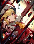  1girl ascot blonde_hair blood blush closed_mouth commentary crystal flandre_scarlet hair_between_eyes hat highres kurowa_(curowa) long_hair looking_at_viewer mob_cap red_eyes red_skirt red_vest shirt short_sleeves skirt smile solo touhou vest white_headwear white_shirt yellow_neckwear 