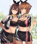  2girls alternate_costume bandeau black_bandeau black_hair blush breasts brown_hair cleavage closed_mouth cowboy_shot eyebrows_visible_through_hair fingernails green_eyes hair_between_eyes heart highres kantai_collection kasumi_(skchkko) large_breasts long_hair looking_at_viewer multiple_girls mutsu_(kancolle) nagato_(kancolle) navel open_mouth race_queen red_eyes short_hair smile 