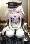  1girl animal_ears ascot bangs blunt_bangs blurry blurry_background breasts candy character_request commentary_request eyebrows_visible_through_hair flat_cap food gloves gold_trim hand_up hat highres indoors light_blush lollipop long_hair looking_at_viewer medium_breasts military military_uniform mouth_hold open_mouth purple_eyes sidelocks silver_hair solo syuri22 teeth uniform upper_body upper_teeth white_ascot white_gloves 