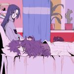  3boys black_cat black_hair book cactus cat curtains fengxi_(the_legend_of_luoxiaohei) grey_sweater hair_over_one_eye highres indoors leaf liangxiaomu930 long_hair luoxiaohei lying multiple_boys on_side pillow plant pointy_ears potted_plant purple_hair purple_sweater sweater the_legend_of_luo_xiaohei under_covers wuxian_(the_legend_of_luoxiaohei) 