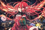  1girl alastor_(shakugan_no_shana) alternate_costume black_background black_cape black_gloves box cape christmas city commentary_request dress fiery_wings gift gift_box gloves hair_between_eyes incoming_gift jewelry long_hair looking_at_viewer pendant pom_pom_(clothes) red_dress red_eyes red_hair red_wings santa_costume shakugan_no_shana shana smile solo star_(symbol) tachitsu_teto very_long_hair wings 