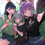  1boy 2girls anti_(ssss.gridman) bag bangs black_hair blue_eyes cleavage_cutout closed_mouth clothing_cutout drinking drinking_straw gridman_universe handbag highres long_hair multiple_girls off_shoulder purple_hair red_eyes sakamoto_(ojiojiojisanda) selfie shinjou_akane shirt short_hair short_sleeves shorts shoulder_cutout silver_hair ssss.gridman t-shirt takarada_rikka 