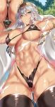  1girl abs absurdres armpits arms_behind_head arms_up ass ass_visible_through_thighs bangs bare_shoulders bikini black_bikini black_gloves black_legwear blue_eyes breasts chain cleavage crown cuffs dark-skinned_female dark_skin earrings elbow_gloves fary5 fate/grand_order fate_(series) gloves grey_hair highleg highleg_bikini highres jewelry large_breasts long_hair looking_at_viewer multiple_views navel neck_ring parted_lips swimsuit thighhighs thighs zenobia_(fate) 