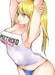  1340smile 1girl absurdres armpits bangs blonde_hair blue_eyes blue_panties breasts highres long_hair metroid metroid_dread mole mole_under_mouth navel panties ponytail samus_aran shirt simple_background solo underwear upper_body 