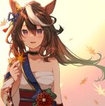  1girl animal_ears autumn_leaves bare_shoulders blush brown_hair chest_sarashi earrings hadanugi_dousa hair_between_eyes highres holding holding_leaf horse_ears horse_girl japanese_clothes jewelry leaf long_hair maple_leaf nut_megu official_alternate_costume open_mouth purple_eyes sarashi single_earring smile solo symboli_rudolf_(umamusume) umamusume upper_body white_hair wide_sleeves 