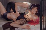  2girls abs all_fours arm_tattoo black_nails breast_grab breasts caitlyn_(league_of_legends) commission ear_piercing english_commentary eye_contact grabbing groping hand_under_clothes imminent_kiss league_of_legends leg_between_thighs lips lipstick looking_at_another lying makeup medium_hair multiple_girls muscular muscular_female nail_polish on_back open_mouth parted_lips piercing pink_hair purple_hair red_lips second-party_source short_hair shoulder_tattoo suqling tattoo teeth toned upper_teeth vi_(league_of_legends) yuri 