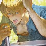  1boy bangs blonde_hair blue_eyes blue_shirt blush buttons day downblouse drinking drinking_fountain faucet hand_on_own_head large_pectorals male_focus nipple_slip nipples one_piece outdoors partially_unbuttoned pectoral_cleavage pectorals runa_(artist) sanji sexually_suggestive shirt short_hair solo tongue tongue_out upper_body water wet wet_face wet_hair 
