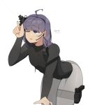  1girl ? ?? black_shirt commentary_request earpiece gun highres holster holstered_weapon korean_commentary long_hair long_sleeves muscular muscular_female oddsnail one_eye_closed open_mouth original purple_eyes purple_hair shirt simple_background solo weapon white_background 