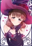 1girl blush bracelet braid breasts brown_hair cleavage detached_collar dress earrings eyebrows_visible_through_hair flower french_braid gloves hand_on_own_cheek hand_on_own_face hat hat_flower heart heart_print idolmaster idolmaster_cinderella_girls jewelry lace-trimmed_gloves lace_trim necklace omisoshiru pearl_necklace purple_dress sakuma_mayu sleeveless sleeveless_dress smile solo upper_body witch witch_hat 