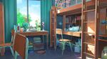  bed book book_stack box chair chinese_commentary cloud commentary_request computer cup curtains desk electric_fan english_text flower highres ladder lamp laptop no_humans original plant scenery scissors sky table tree vase window xingzhi_lv 