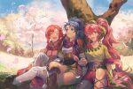  3girls ^_^ blue_eyes breasts cherry_blossoms closed_eyes commission crossed_legs fire_emblem fire_emblem:_new_mystery_of_the_emblem green_shorts kris_(fire_emblem) long_hair medium_breasts multiple_girls norne_(fire_emblem) open_mouth phina_(fire_emblem) picnicic pink_eyes pink_hair pink_shirt ponytail purple_scarf red_hair red_scarf scarf shirt shorts sitting smile thighhighs tree very_long_hair 