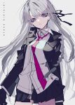  1girl absurdres bangs black_gloves black_skirt braid character_name commentary_request danganronpa:_trigger_happy_havoc danganronpa_(series) gloves hair_ornament hair_ribbon highres jacket kirigiri_kyouko long_hair long_sleeves looking_at_viewer miniskirt mochizuki_kei necktie open_clothes open_jacket pink_necktie purple_eyes purple_hair ribbon shirt side_braid single_braid skirt solo 