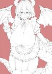  1girl breasts cleavage demekyon dragon_girl dragon_horns dragon_tail garter_straps granblue_fantasy grea_(shingeki_no_bahamut) horns huge_breasts monochrome tail wings 