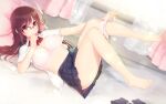  1girl ahoge arima_senne barefoot bed bedroom bra breasts brown_hair glasses highres kashiwamochi_yomogi large_breasts lingerie long_hair lying midriff on_bed open_clothes open_shirt original panties panty_pull red_eyes ribbon school_uniform shirt skirt smile solo thighs underwear 