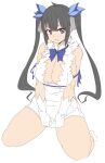  1girl :3 black_hair blue_bow blue_bowtie blue_eyes bow bowtie breasts cleavage closed_mouth commentary_request dress dungeon_ni_deai_wo_motomeru_no_wa_machigatteiru_darou_ka gloves hair_bow hestia_(danmachi) highres kneeling large_breasts long_hair looking_at_viewer miitoban rei_no_himo simple_background smile solo twintails white_background white_dress white_gloves 
