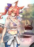  1girl absurdres animal_ears bangs blurry blurry_background bottle bow bra breasts breath cleavage closed_mouth collarbone cowboy_shot eyebrows_visible_through_hair fate/extra fate_(series) fox_ears fox_girl fox_tail hair_bow hand_up highres long_hair looking_at_viewer midriff navel revision see-through short_sleeves sidelocks smile solo standing sweat tail tamamo_(fate) tamamo_no_mae_(fate/extra) underwear wisespeak 