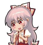  1girl :d bangs blush bow chibi collared_shirt eyebrows_visible_through_hair facing_viewer fujiwara_no_mokou hair_between_eyes hair_bow index_fingers_together jokanhiyou long_hair looking_to_the_side lowres no_nose open_mouth outline pants pink_hair puffy_short_sleeves puffy_sleeves red_eyes red_pants shirt short_sleeves silver_hair simple_background smile solo suspenders touhou upper_body very_long_hair white_background white_bow white_shirt 