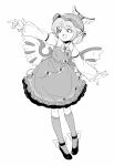 1girl animal_ears bird_ears bird_wings black_footwear commentary dress eyebrows_visible_through_hair feathered_wings greyscale hat highres juliet_sleeves kneehighs long_sleeves maguro_(mawaru_sushi) monochrome mystia_lorelei open_mouth outstretched_arms pointing puffy_sleeves short_hair solo touhou white_background winged_hat wings 
