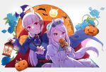  2girls animal_ears ascot bangs bat blue_cape blue_eyes blue_flower blue_jacket blue_neckwear blue_rose blunt_bangs bonnet candy cape claw_pose closed_mouth commentary dress english_commentary fingernails flower food fur-trimmed_sleeves fur_trim gold_ship_(umamusume) grin halloween halloween_costume hat holding holding_candy holding_food holding_lantern horse_ears horse_girl horse_tail jack-o&#039;-lantern jacket lantern lollipop long_hair long_sleeves looking_at_viewer mejiro_mcqueen_(umamusume) mini_hat mini_top_hat multiple_girls nail_polish nomako_(nomadare) purple_eyes red_cape red_nails rose sharp_fingernails side-by-side silver_hair smile standing swept_bangs tail tilted_headwear top_hat twitter_username two-sided_cape two-sided_fabric umamusume white_dress white_headwear 