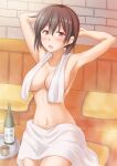  1girl alcohol anti_(untea9) armpits arms_behind_head arms_up bangs blush bottle breasts brown_eyes brown_hair commentary_request cup eyebrows_visible_through_hair highres hiryuu_(kancolle) kantai_collection large_breasts liquor looking_at_viewer naked_towel navel open_mouth partial_commentary plate sauna short_hair sitting solo steam sweat topless towel towel_around_neck 