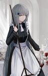  1girl absurdres alternate_costume amamizu_shizuku apron bangs blue_hair closed_mouth commentary_request crossed_bangs cup drinking_glass enmaided eyebrows_visible_through_hair feet_out_of_frame girls&#039;_frontline glass green_eyes highres hk416_(girls&#039;_frontline) holding holding_mop long_hair looking_at_viewer maid maid_apron mop revision simple_background solo standing table teardrop_facial_mark teardrop_tattoo very_long_hair wine_glass 