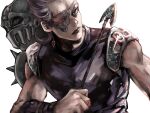  1boy 1other armor arrow_(projectile) blue_eyes closed_mouth earrings eyepatch grey_hair highres holding holding_arrow jean_pierre_polnareff jewelry jojo_no_kimyou_na_bouken lips long_hair looking_at_viewer nakano_(mitinni_tk) no_humans pauldrons purple_shirt rapier shirt shoulder_armor silver_chariot sleeveless stand_(jojo) sword vento_aureo weapon white_background 