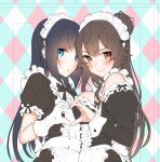  2girls :s alternate_costume apron argyle argyle_background bangs black_bow black_dress black_hair blue_eyes blush bow breasts brown_eyes brown_hair collared_shirt commentary_request dress embarrassed enmaided frills fuyushima_enishi gloves harumachi_hashira heart heart_hands heart_hands_duo highres large_breasts long_hair looking_at_viewer maid maid_apron maid_headdress multiple_girls open_mouth ponytail puffy_sleeves sahara386 sex_and_dungeon shirt sidelocks sleeve_cuffs small_breasts wa_maid waist_apron white_gloves 